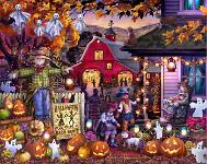 Halloween Barn Dance  Published by the Vermont Christmas Company -  Halloween Barn Dance : Halloween, October, barn, porch, jack-o-lantern, pumpkins, sign, scarecrow, crow, ghost, bats, cats, leaves, children, costumes, dance, decorations, lantern, leaves, sunset, gourds, rocking chair, dog, hay, owls, Wollenmann