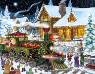 Santa's Express  Published by the Vermont Christmas Company -  Santa's Express : Wollenmann, jigsaw puzzle, Advent Calendar, Christmas, Christmas tree, Santa, train, people, children, presents, dog, cat, birds, winter, night, house, landscape, snow, snowing, moon, elves, waving, holiday