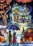 Fright Night  Published by the Vermont Christmas Company -  Fright Night : Halloween, dracula, night, owl, cat, children, costumes, jack-o-lantern, rain, frankenstein, witch, ghost, fairie, leaves, fence, mist, house, haunted, monsters, jigsaw Puzzle, pumpkins, Wollenmann, trick-or-treat