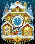 Christmas Cuckoo Clock  Originally published by the Vermont Christmas Company : Wollenmann, jigsaw puzzle, Christmas, Santa, elves, house, clock, reindeer, presents, snow, icicles, penguins, birds, Mrs. Claus, sled, Christmas tree, North Pole, night, snowing, cuckoo clock