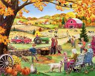 Countryside Autumn  Published by the Vermont Christmas Company -  Countryside Autumn : Wollenmann, jigsaw puzzle, autumn, leaves, pumpkins, squirrels, family, children, tractor, farm, cows, landscape, country, rake, crows, wagon wheel, flowers, grandpa, grandma, maples, dog, cat