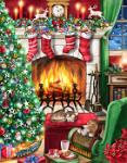 Cozy Christmas  Published by the Vermont Christmas Company -  Cozy Christmas : Wollenmann, jigsaw puzzle, Advent Calendar, Christmas, Christmas tree, holiday, room, fireplace, dog, cat, presents, stockings, mantle, candies, window, snow, train, poinsettia
