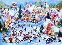 Elf Village  Published by the Vermont Christmas Company -  Elf Village : Wollenmann, jigsaw puzzle, elves, village, winter, snow, sled, ski, skate, snowball fight, houses, North Pole, Santa, snowman, children, kids