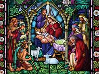 Evening Nativity  Published by the Vermont Christmas Company -  Evening Nativity : nativity, holy family, Christmas, shepherds, kings, stained glass, crib, flowers, border, lamb, sheep, doves, night, Advent Calendar, jigsaw puzzle, Wollenmann