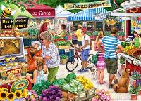 Farmer's Market  Published by the Vermont Christmas Company -  Farmer's Market : Wollenmann, jigsaw puzzle, summer, farmer's market, food, produce, people, children, kids, dog, cat, flowers, tent, honey, bees, vegetables, bicycle, farmer, banner, buy, sell, girl, teddy bear, shopping