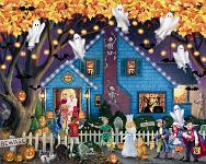 Ghostly Gathering  Published by the Vermont Christmas Company -  Ghostly Gathering : Wollenmann, jigsaw puzzle, countdown calendar, Halloween, town, street, costumes, pumpkins, jack-o-lantern, ghost, autumn, fall, leaves, children, trick-or-treat, house, skeleton, spiders, cat, dog, bats, scarecrow, night, fence, grave, lights