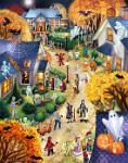 Halloween Town  Published by the Vermont Christmas Company -  Halloween Town : Wollenmann, jigsaw puzzle, countdown calendar, Halloween, town, street, costumes, pumpkins, jack-o-lantern, ghost, autumn, fall, leaves, children, trick-or-treat, house, skeleton, spiders, moon, cat, dog, bats, scarecrow, crow, night