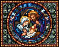 Holy Family Stained Glass  Published by the Vermont Christmas Company -  Holy Family : Wollenmann, jigsaw puzzle, Christmas, sheep, lamb, religious, kings, shepherds, Joseph, Mary, Jesus, stable, doves, crib, baby, holy family, nativity, angels, Advent Calendar, cow, donkey, stained glass, flowers, border, pattern, Christmas story, Bethlehem