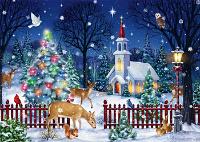 Peaceful Night  Published by the Vermont Christmas Company -  Peaceful Night : Wollenmann, jigsaw puzzle, Advent Calendar, church, winter, snow, snowing, animals, birds, Christmas, Christmas tree, fence, lamp post, deer, owl, cardinal, rabbits, night, landscape