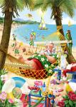 Santa's Vacation  Published by the Vermont Christmas Company -  Santa's Vacation : Wollenmann, jigsaw puzzle, Santa, elves, beach, sand, palm trees, ocean, flowers, parrot, sailboat, water, hammock, sleep