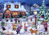 Snowman Celebration  Published by the Vermont Christmas Company -  Snowman Celebration : Wollenmann, jigsaw puzzle, Advent Calendar, snowman, children, kids, snowball fight, house, decorate, night, snowing, Christmas, Christmas tree, sled, dog, cat, lamp post, snow, fence