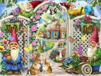 Springing Up Gnomes  Published by the Vermont Christmas Company -  Springing Up Gnomes : jigsaw puzzle, gnomes, spring, flowers, house, birds, bees, insects, roses, trellis, garden, plants, summer, fantasy, whimsical,  Wollenmann, wheel barrow