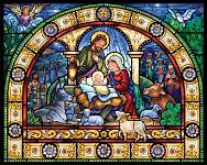 Stained Glass Holy Night  Published by the Vermont Christmas Company -  Stained Glass Holy Night : Wollenmann, jigsaw puzzle, Christmas, sheep, lamb, religious, kings, shepherds, Joseph, Mary, Jesus, stable, doves, crib, baby, holy family, nativity, angel, Advent Calendar, cow, donkey, stained glass, flowers, border