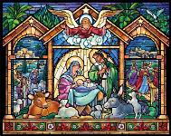 Stained Glass Nativity  Published by the Vermont Christmas Company -  Stained Glass Nativity : Wollenmann, jigsaw puzzle, Christmas, sheep, lamb, tryptich, religious, kings, shepherds, Joseph, Mary, Jesus, stable, doves, crib, baby, holy family, nativity, angel, Advent Calendar, cow, donkey, stained glass, flowers, border