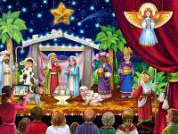 The Greatest Story  Published by the Vermont Christmas Company -  The Greatest Story : Wollenmann, jigsaw puzzle, Christmas, play, stage, lamb, religious, kings, shepherds, Joseph, Mary, Jesus, stable, crib, baby, holy family, nativity, angels, Advent Calendar, cow, donkey, children, parents, stars, acting
