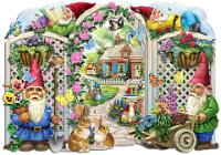 Home Is Where the Gnome Is  Published by Wentworth Wooden Jigsaw Puzzles : jigsaw puzzle, gnomes, spring, flowers, house, birds, bees, insects, roses, trellis, garden, plants, summer, fantasy, whimsical,  Wollenmann, wheel barrow